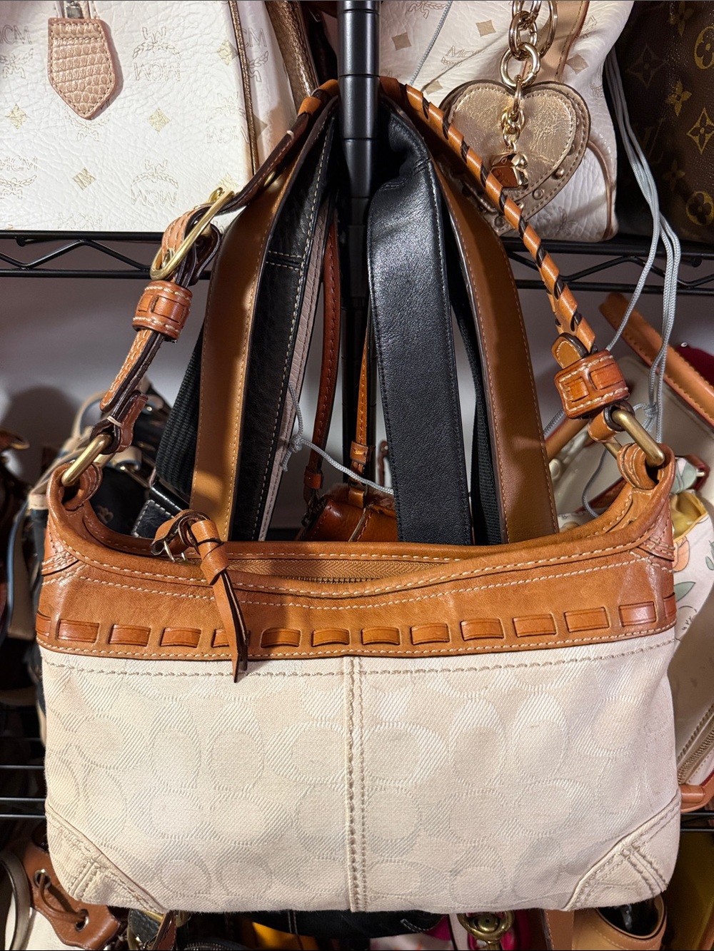 Coach Bleaker Cream Canvas Shoulder Bag with Tan Leather Trim